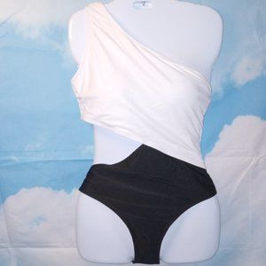Black & White ColorBlock asymmetrical one-shoulder 1-piece swimsuit NEW